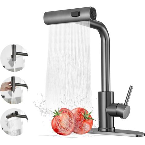 Robinet de cuisine cascade, mitigeur avec douchette extractible, robinet d'eau chaude et froide, gunite (3 fonctions) (1/5)