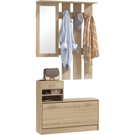 Entrée bien organisée : meuble vestiaire avec miroir, banc à chaussures, porte-manteau 6 crochets effet bois naturel (1/5)