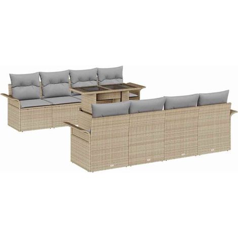 Ensemble de Salon de Jardin 9 Pièces en Résine Tressée Beige - Mobilier d'Extérieur Confortable avec Coussins, Idéal pour Terrasse et Patio (1/5)