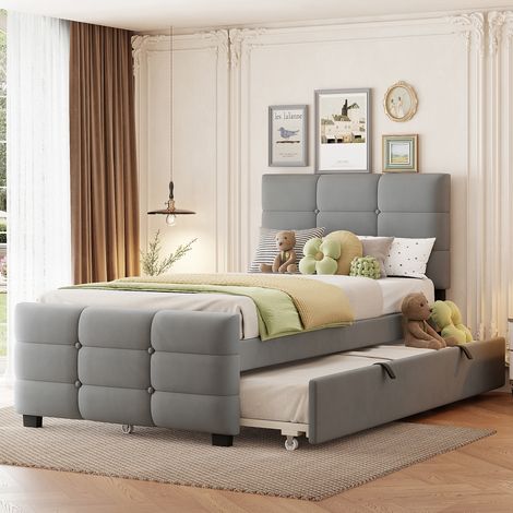 Cama tapizada 90 x 190 cm gris con cama nido, terciopelo y 150 kg (1/5)