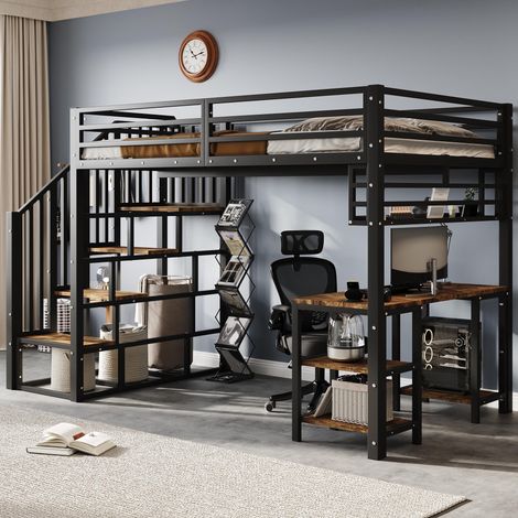 Lit mezzanine en fer, escalier avec rampe, bureau et étagère de rangement, sommier à lattes robuste, fer et panneaux de particules, noir et foncé, 120 x 200 cm (1/5)