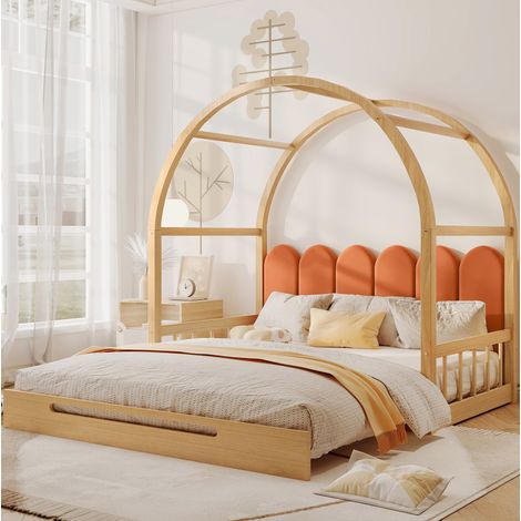 Cama extensible estilo casita con cojín de cabecero, 140x100/140x200 cm, madera maciza y MDF, natural y naranja (1/5)