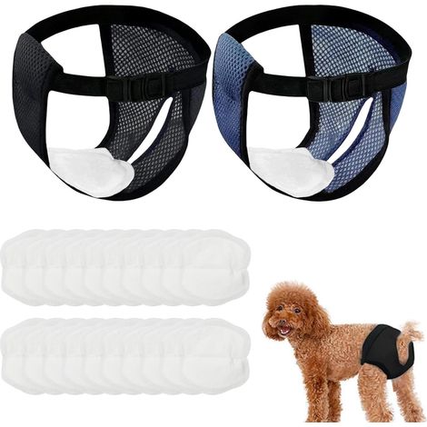 Lot de 2 Culottes pou Chien M, 20x24 cm éutilisable Culotte Chiennes Chaleus avec 20 Seviettes Hygiéniques, Couches Lavables Themiques pou Chiens Mâles et Femelles (Noi et Bleu) (1/5)