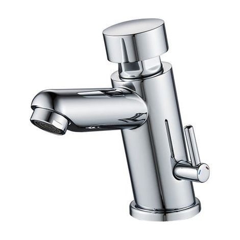 Grifo de lavabo temporizado, grifo mezclador de dos vías (agua caliente y fría), interruptor de botón pulsador montado en la pared, acabado cromado, ahorro de agua, control automático. (1/5)