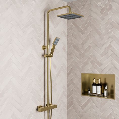 Thermostatic Mixer Shower Dual Square Head Riser Rail Handset Cool Touch Brass (1/5)