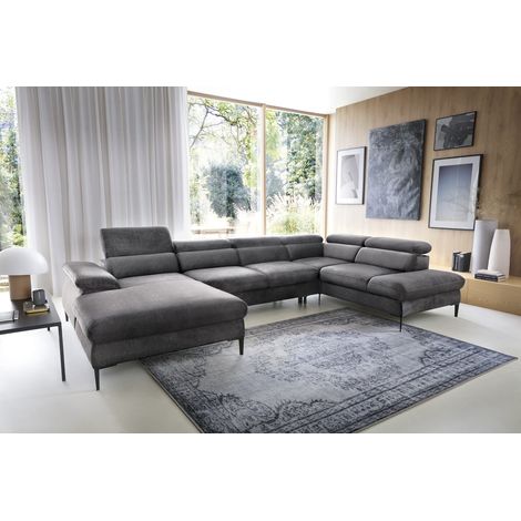 Emporius Canapé d'angle U 350 cm Amaro sur pieds 15 cm - tissu velours, gauche - coffre, 6 places, appuie-têtes réglables, gris (1/5)