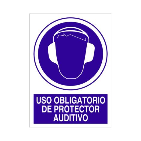 Señal de obligación pictograma y texto Uso obligatorio de protector auditivo                                                   Pegatina Adhesiva       148X105