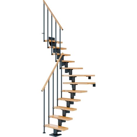 Dolle Mittelholmtreppe Dublin 1/4 gewendelt aus Buche lackiert 61 cm breit für GH 222–270 cm UK Metall Anthrazit mit Einzelstabgeländer