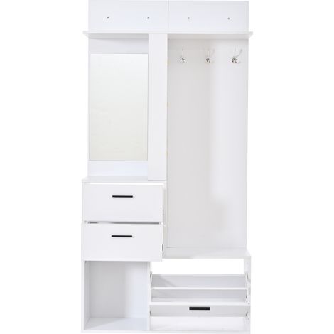 Appendiabiti ingresso con scarpiera, specchio, 2 cassetti e 3 ganci, MDF bianco, 90 x 30 x 180 cm (1/5)
