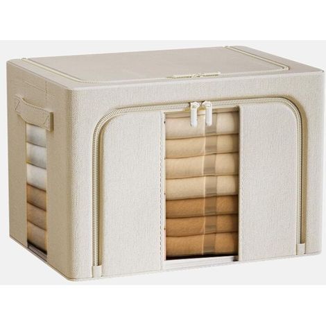Tessuto di cotone naturale premium al 100%, scatola portaoggetti grande con cerniera da 66 litri, custodia organizer per biancheria da letto, borsa pieghevole impilabile, Beige