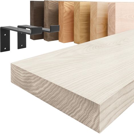 LAMO Manufaktur Étagère murale avec supports en Z noirs Étagère 120 cm largeur pour salon, espace de travail style industriel Couleur: blanc, Bord: droit Qualité artisanale, bois massif