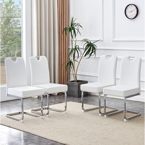 Silla de comedor blanca de metal y PU, ergonomica, con asiento grueso y muelle integrado (1/5)