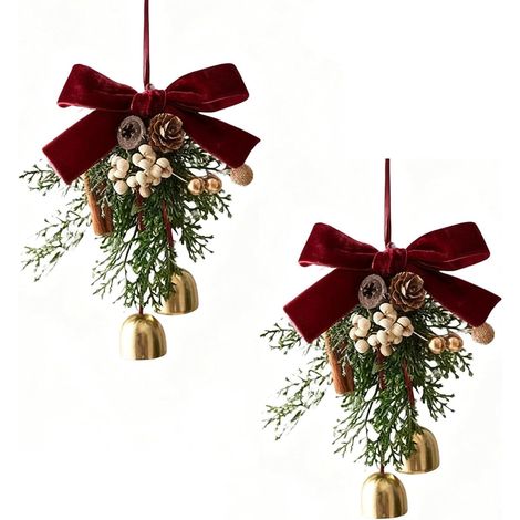 Lot de 2 nœuds de Noël pour placards avec cloches, fleurs de matsueda, pommes de pin et baies Décoration de sapin de Noël à suspendre avec pommes de pin pour décorer la maison, la cuisine et les fête (1/5)