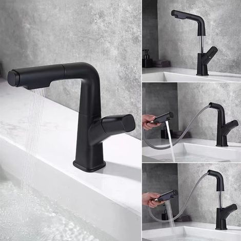 Gunmetal gray pull-out liftable rotatable washbasin with hot and cold water faucet, bathroom vanity, washbasin with dual water flow mode - Black model