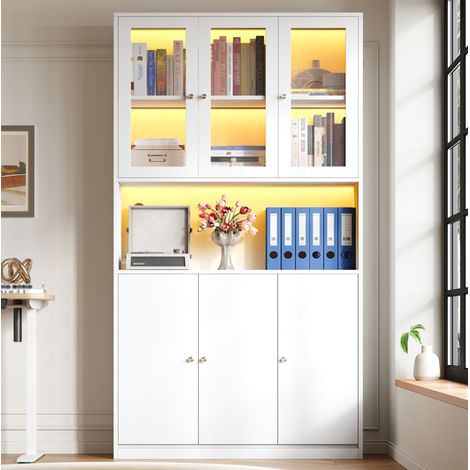Scaffale libreria in MDF bianco 100 x 35 x 200 cm con vetrina in vetro, vano aperto passacavi e 3 ante (1/5)
