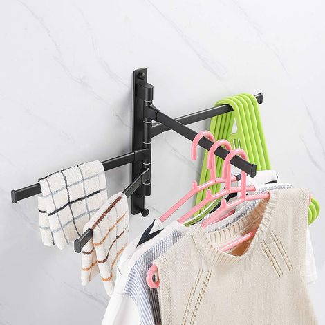 Porte-serviettes rotatif, sans perçage, porte-serviettes multibarres, tringle d'angle murale pour salle de bain, noir avec 5 barres. (1/5)