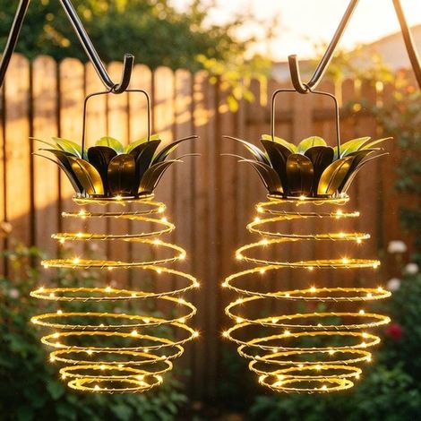 Dos lámparas solares colgantes con forma de piña, con 60 luces LED, resistentes al agua para uso exterior, patio trasero, porche, césped (1/5)