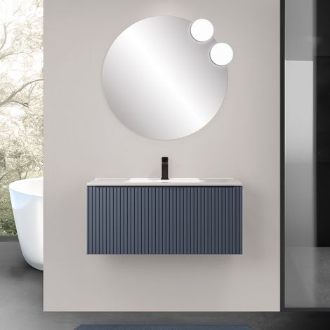 Mobile bagno sospeso 100 cm blu notte cannettato con cassetto e lavabo Nara (1/5)