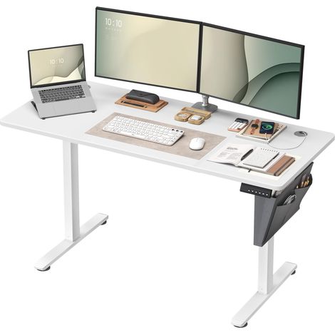 Bureau Électrique Réglable en Hauteur, 140 x 60 cm, Table Assis-Debout, Fonction Mémoire 4 Hauteurs, pour Bureau, Télétravail, Blanc Nuage (1/5)