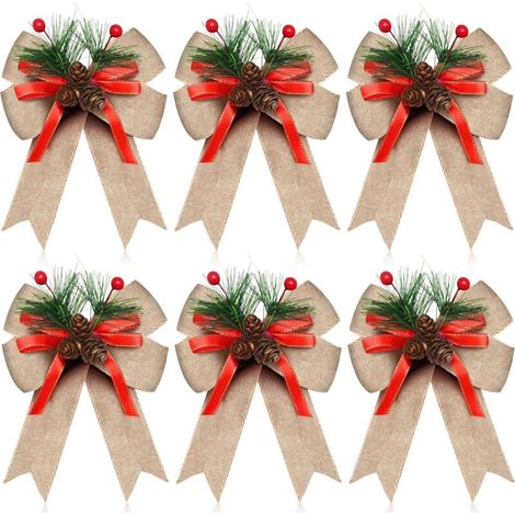 Lot de 6 nœuds de Noël avec pommes de pin, aiguilles de pin, nœuds en lin, ruban, couronne de sapin de Noël, décoration pour fêtes de Noël, intérieur et extérieur, artisanat, bricolage (1/5)