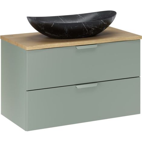 Conjunto OSTER 80cm: mueble bajo lavabo con cajones en verde salvia + encimera para lavabo + lavabo sobre encimera negro con rayas blancas