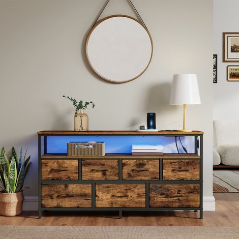 Meuble de Rangement avec LED Réglable et Multiprise, 7 Tiroirs en Tissu, Style Industriel, Chambre, Marron et Noir (1/5)