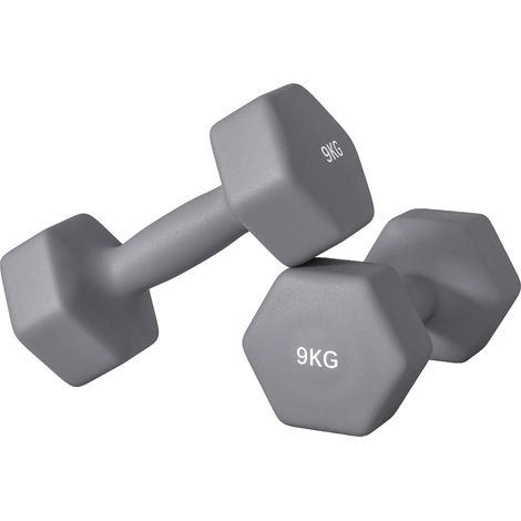 Lot de 2 haltères hexagonales de 9 kg en métal et plastique avec poignée antidérapante, 25 x 11 x 11 cm, grises (1/5)