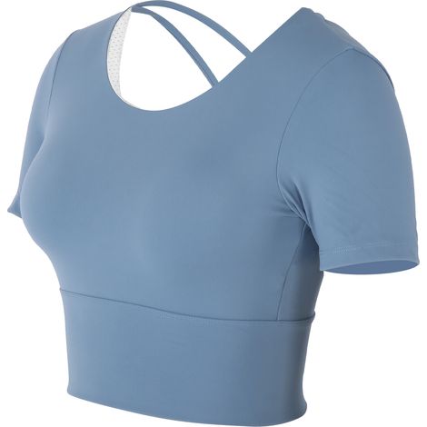 Hauts de sport sexy à manches courtes pour femme, parfaits pour l'été, le yoga, le fitness et l'entraînement. Accessoires de sport. Bleu moyen/gris/L. (1/5)