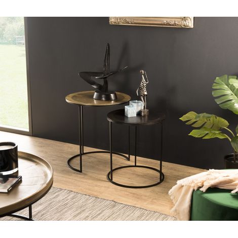 JOHAN - Set de 2 tables d'appoint gigognes rondes aluminium doré (1/5)