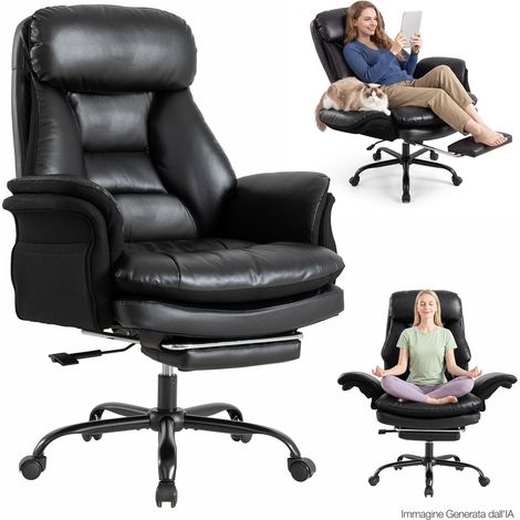 UEV Poltrona da Ufficio in Pelle PU Capacità 226KG, Sedia Inclinabile 90-135° con Braccioli Reversabili per Compagnia del Animale, Regolabile e Multifunzionale, 78,5x87x116-124cm, Nero (1/5)