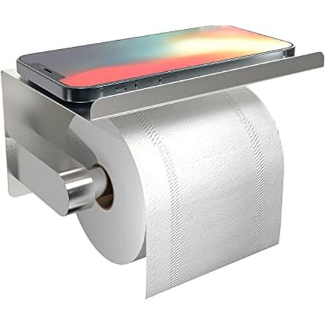 Porte-rouleau de papier toilette adhésif avec étagère pour téléphone, fixation murale à vis, support de rouleau inoxydable pour salle de bain, distributeur de papier toilette – Argent (1/5)