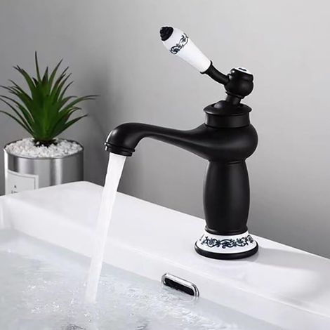 Robinet Salle Bain Mitigeur Lavabo Poignée Unique Robinet Lavabo Salle de Bain Mitigeur Lavabo Retro, Noir Laiton (1/5)