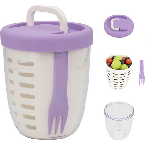 Saladier de fruits frais avec récipient de conservation, poignée pliable, couvercle, fourchette et panier d'égouttage inclus. Récipients alimentaires réutilisables et étanches avec passoire amovible. (1/5)