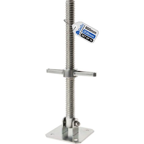 Lot de 16 Pied d’échafaudage avec tige filetée galvanoplastie 38 x 800 mm – plaque de pied réglable robuste – GeZu Impex