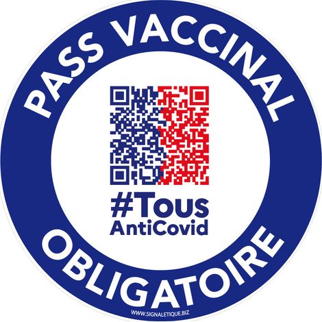 Panneau Pass Vaccinal Obligatoire Rond Blanc. Signalisation Pass Vaccinal. Autocollant Pass Vaccinal, panneau PVC, Aluminium - Adhésif - Diamètre 125 mm (1/3)