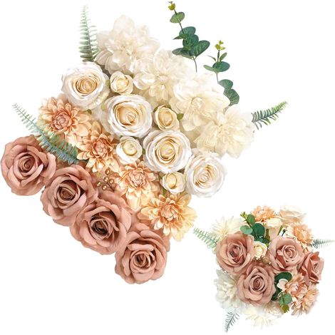 Fleurs Artificielles, Fleurs Soie, Fleurs avec Tige pour Bricolage Arrangement Floral Bouquet de Mariage Fête Maison Bébé Douche Décoration (Café Champagne Gradient) (1/5)
