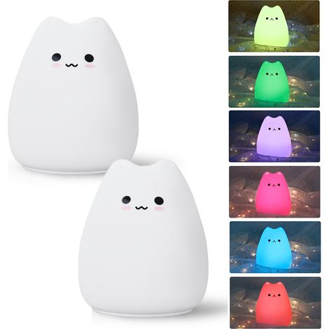 2 Veilleuses Enfants/Bébé, 7 Couleurs, en Silicone, Veilleuse LED, Lampe de Chevet Protection des Yeux, Lampe de Table Chat Kawaii - Piles Non Incluses (1/5)