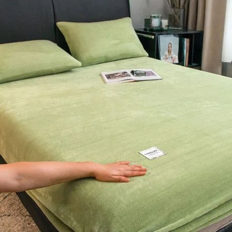 Drap Housse 150x200+26cm,Vert Drap de Lit en Flanelle de Laine et Velours Corail Housse de Matelas Chaleur Hivernale (1/5)