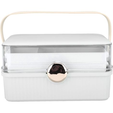 Große, staubdichte Kosmetikaufbewahrungsbox aus Kunststoff mit Deckel und Griff, weiß. (1/5)