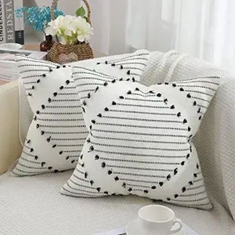 Lot de 2 Housses de Coussin Boho, Noir et Crème, 18x18 Pouces, Style Fermier, Décor pour Canapé, Salon, Chambre