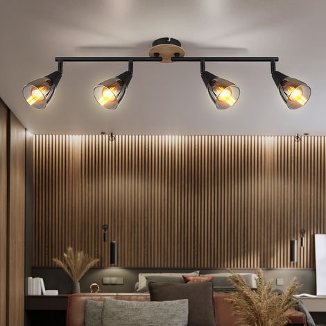 Deckenleuchte Deckenlampe Wohnzimmerleuchte Esszimmerlampe Schlafzimmerleuchte, Metall schwarz Holz braun Glas rauchfarben, 4 Flammig Spots beweglich E14, L 60 cm