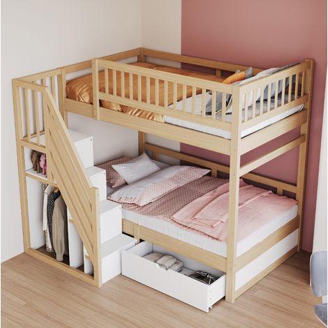 MEUBLIV Lit superposé 90x200 cm bois – escalier de rangement, sans matelas
