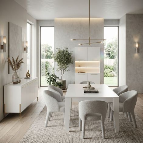 Ensemble séjour table 190cm laqué blanc pieds et poignées métal doré - CARAT (1/5)