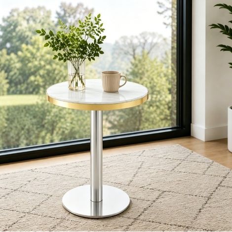 Table d'appoint ronde 60 x 73,7 cm effet marbre blanc, bord doré, MDF et métal HAVRYA (1/5)