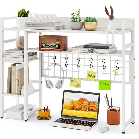 Scaffale da scrivania a 4 ripiani con pannello in rete metallica e 6 ganci, per monitor fino a 32", 94 x 25 x 74 cm, Bianco (1/5)