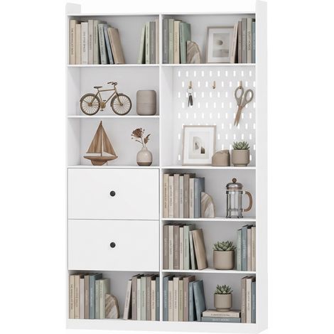 Bibliothèque, Étagère 6 Niveaux, 120 x 30 x 200 cm, Meuble de Rangement avec 2 Tiroirs et Panneau Perforé, Blanc (1/5)