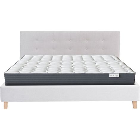 Ensemble Lit adulte 180x200cm avec tête de lit en tissu beige - Milo + Matelas mémoire de forme - Memo HR (1/5)