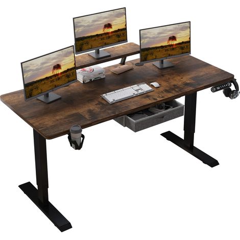 160x76cm Bureau Assis Debout Électrique, Bureau De 62 Pouces Avec Tiroirs Et Commande Manuelle De 4 Claviers Avec Fonction De Mémoire Automatique, Brun (1/5)
