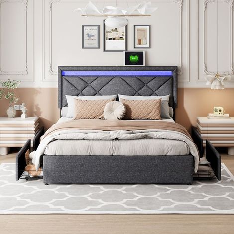 Doppelbett 160x200 cm - TANANT - Bett mit Stauraum - Grauer Leinenstoff - LED-Beleuchtung - 4 Stauraumschubladen