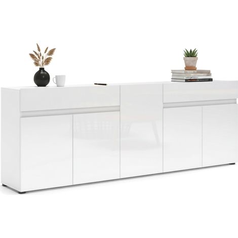 Buffet Elenia, 3 étagères, 2 tiroirs Made in Italy, 38x225x79h cm Blanc